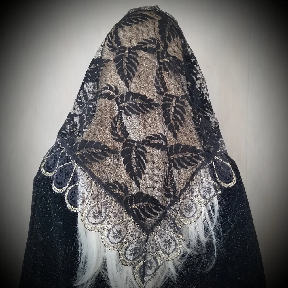 Black and Gold‎ Lace Palm Leaf Mantilla Chapel Veil Catholic Mass Holy Week